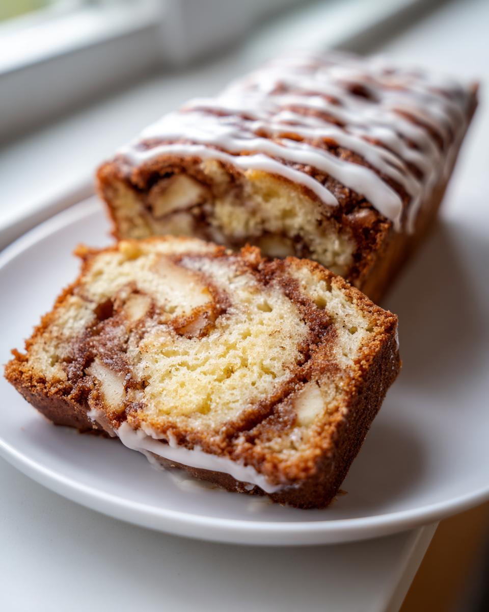 A slice of moist apple fritter bread showing cinnamon swirl and apple chunks, drizzled with white icing.