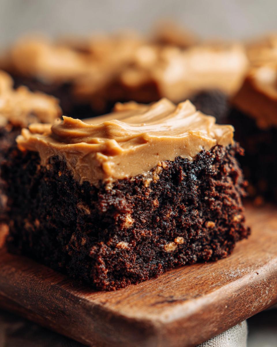 Close-up of a rich, dark chocolate banana bread brownies square topped with creamy peanut butter frosting.