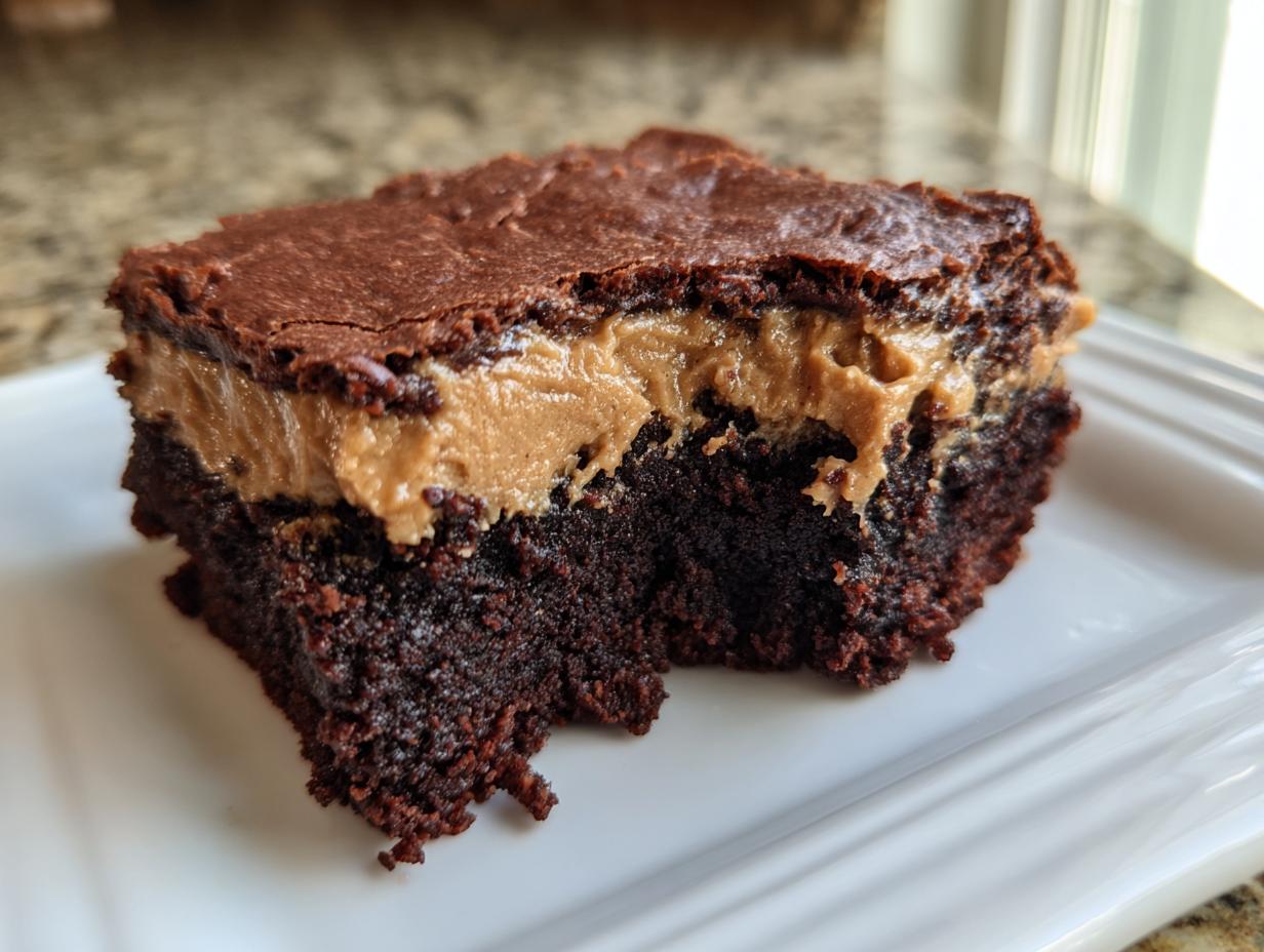 Close-up of a moist banana bread brownies square featuring a thick peanut butter filling layer.