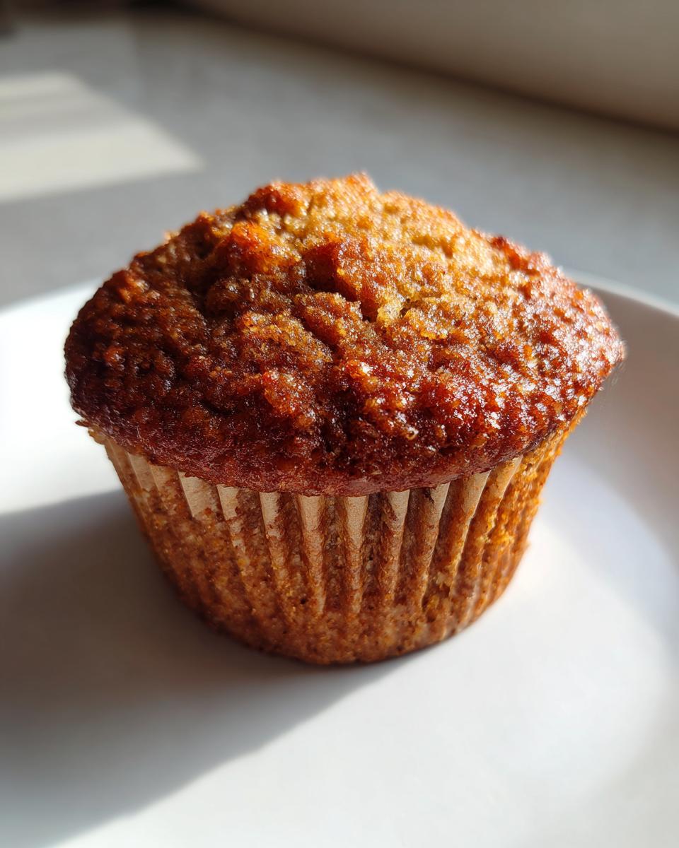 A single, perfectly baked, moist bran muffin with a deep golden-brown, slightly glossy top, sitting on a white plate.