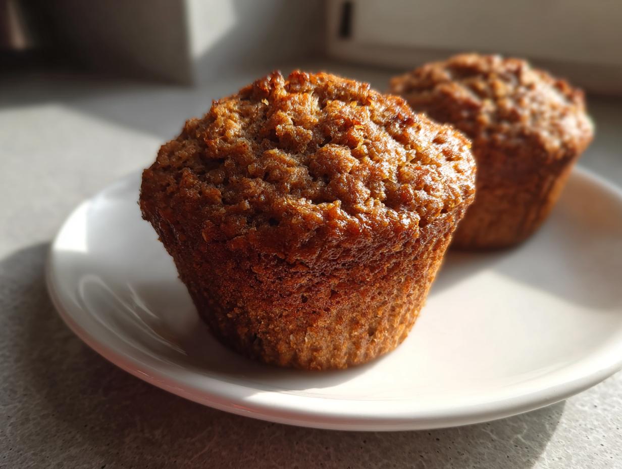 Close-up of two freshly baked, moist bran muffins sitting on a white plate, highlighted by natural sunlight.