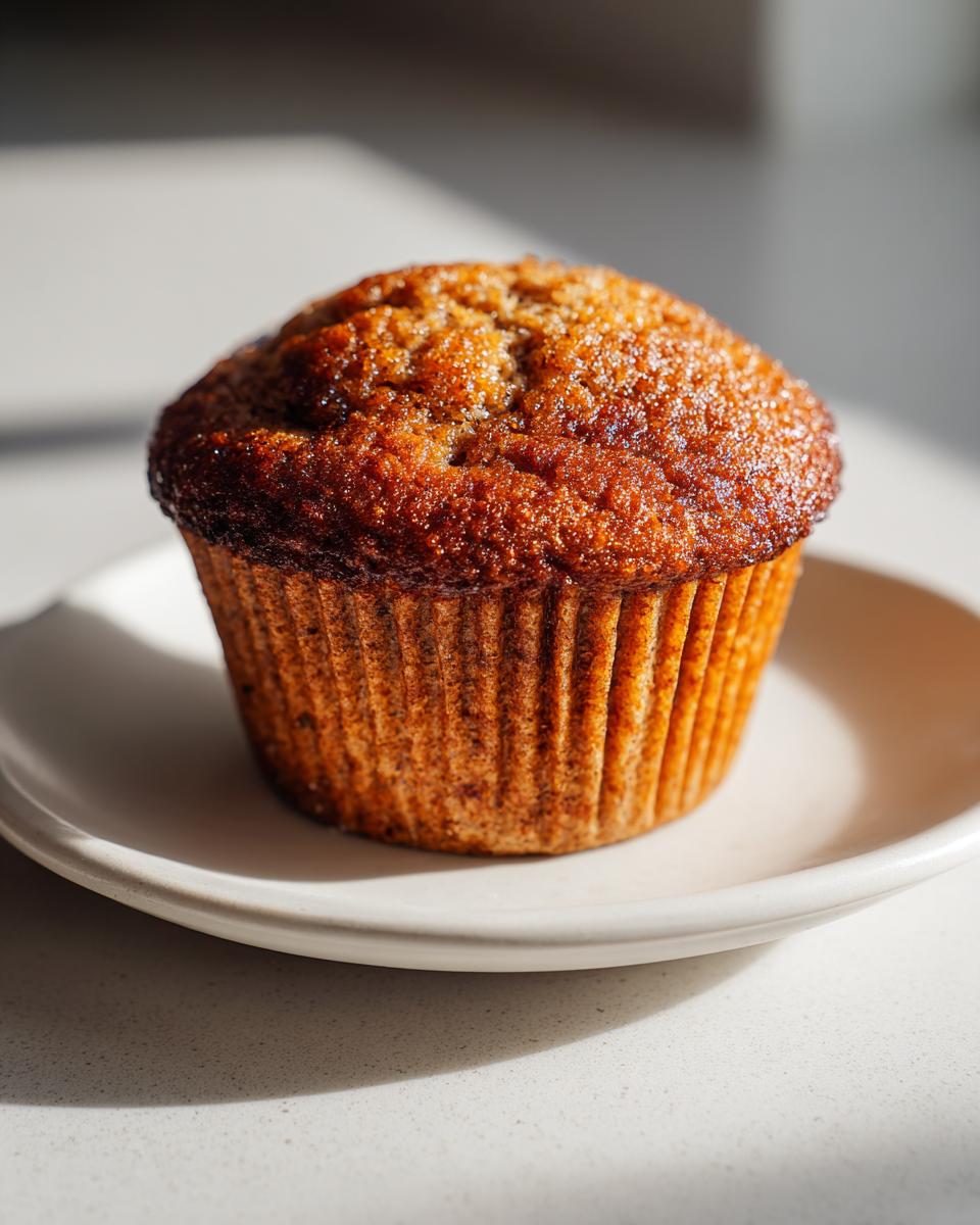 A single, perfectly baked, golden-brown bran muffin sitting on a small white plate.