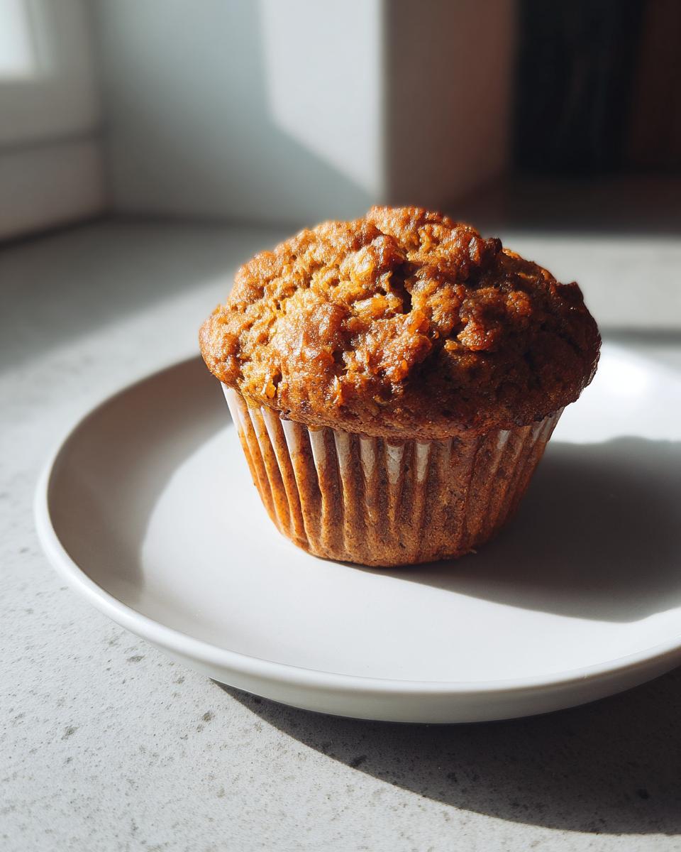 A single, perfectly baked bran muffin sitting on a small white plate, highlighted by strong natural sunlight.