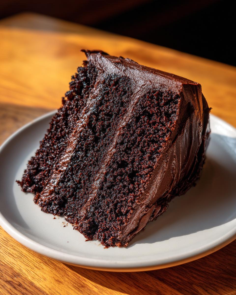 Close-up of a thick, moist slice of dark chocolate cake with rich frosting from the best chocolate cake recipe.