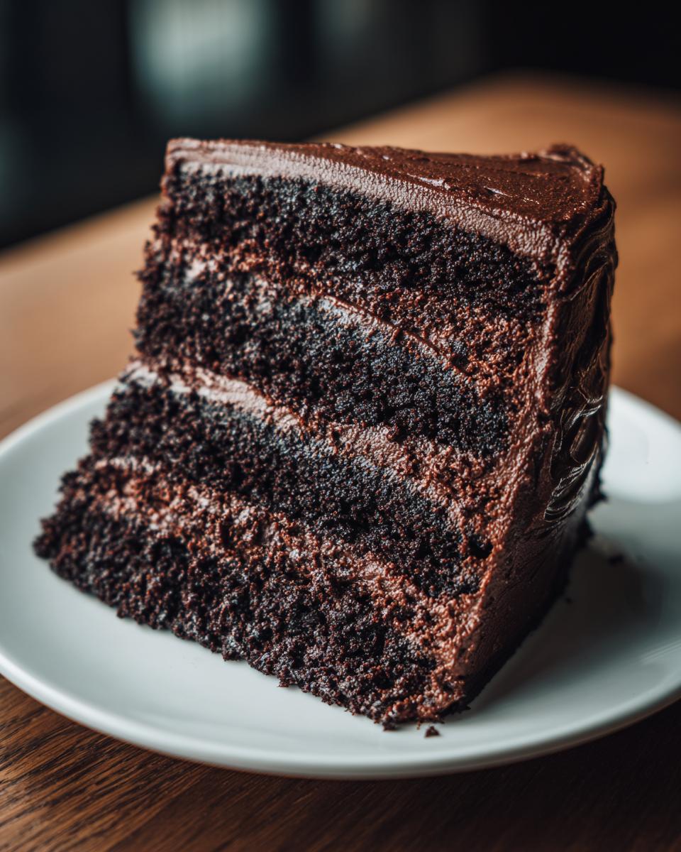 Close-up of a moist, dark slice of layered chocolate cake recipe with rich frosting.