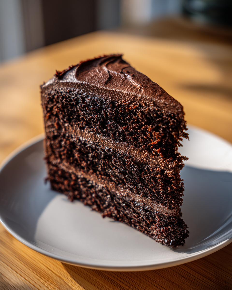A close-up of a moist, dark slice of chocolate cake recipe with rich frosting on a light plate.