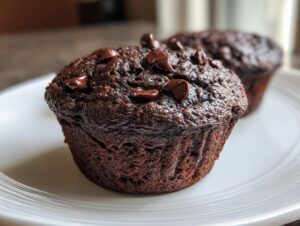 Close-up of a rich, dark chocolate zucchini muffins topped with melted chocolate chips on a white plate.