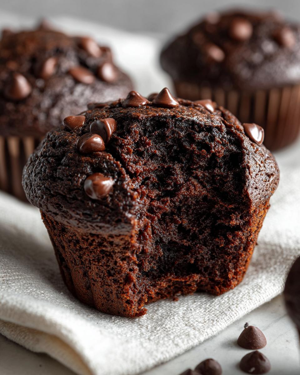 Close-up of a chocolate zucchini muffins with a bite taken out, showing moist texture and chocolate chips.