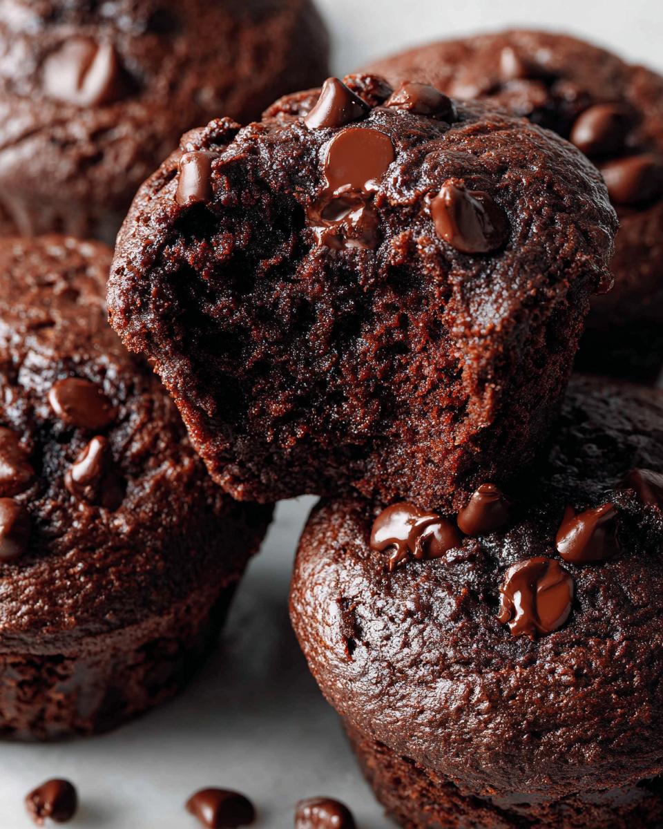 Close-up of rich, dark chocolate zucchini muffins stacked, one broken open showing the moist interior and melted chocolate chips.