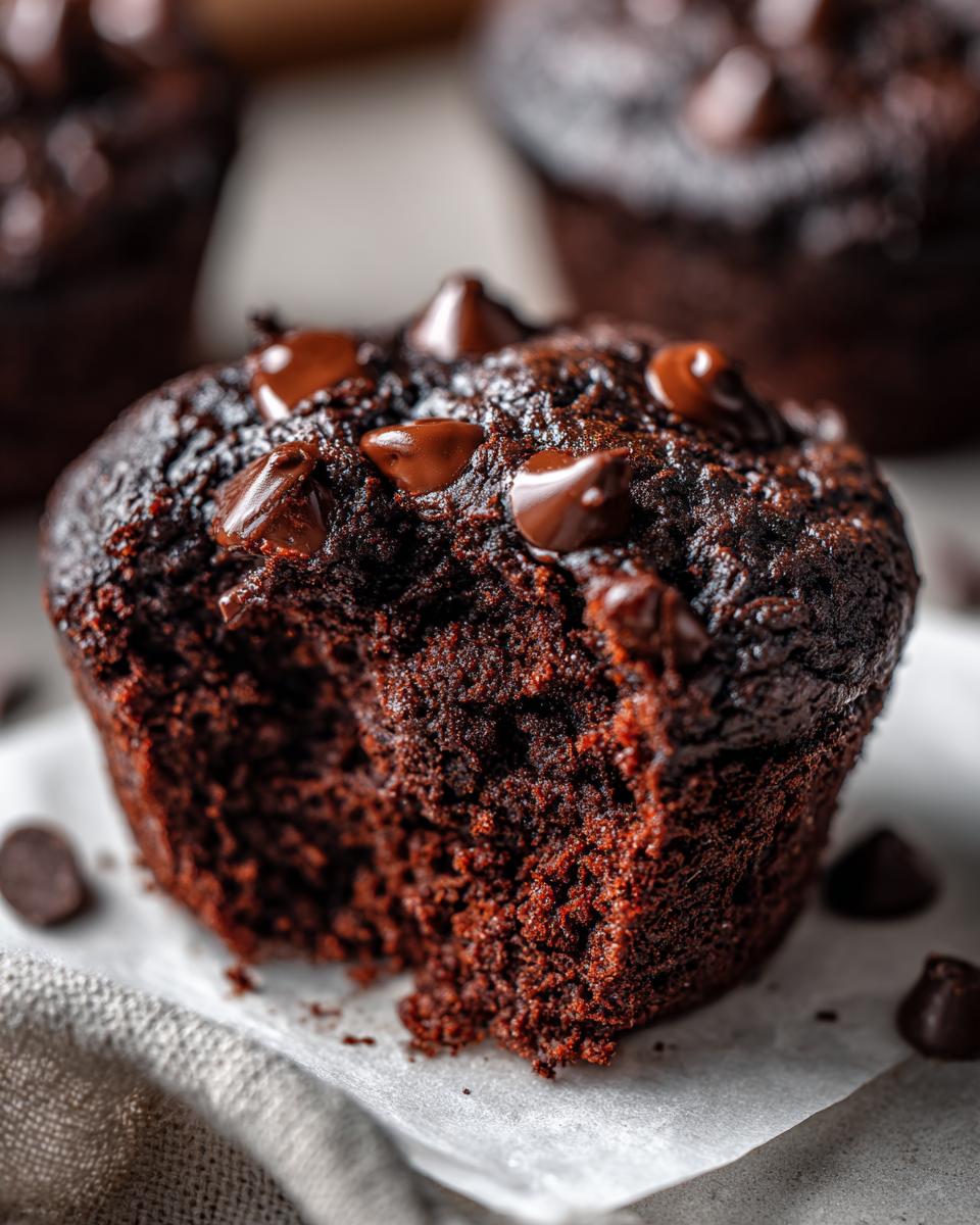 Close-up of a rich, dark chocolate zucchini muffins with melted chocolate chips on top, one bite taken out.