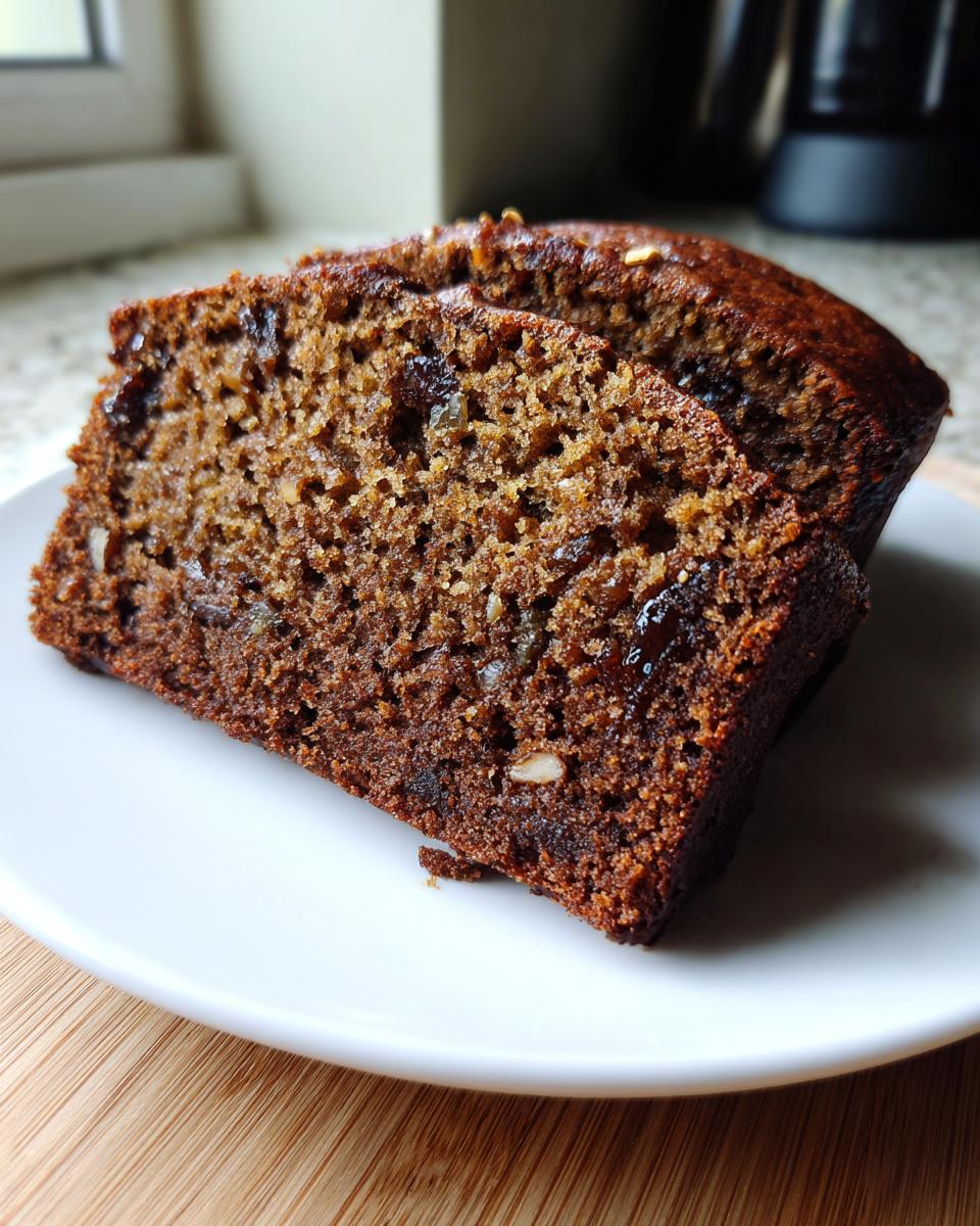 Close-up of two moist slices of dark brown date nut bread, studded with dates and nuts, served on a white plate.