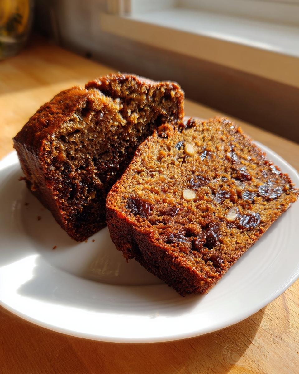 Two moist slices of dark date nut bread, studded with nuts and raisins, served on a white plate.