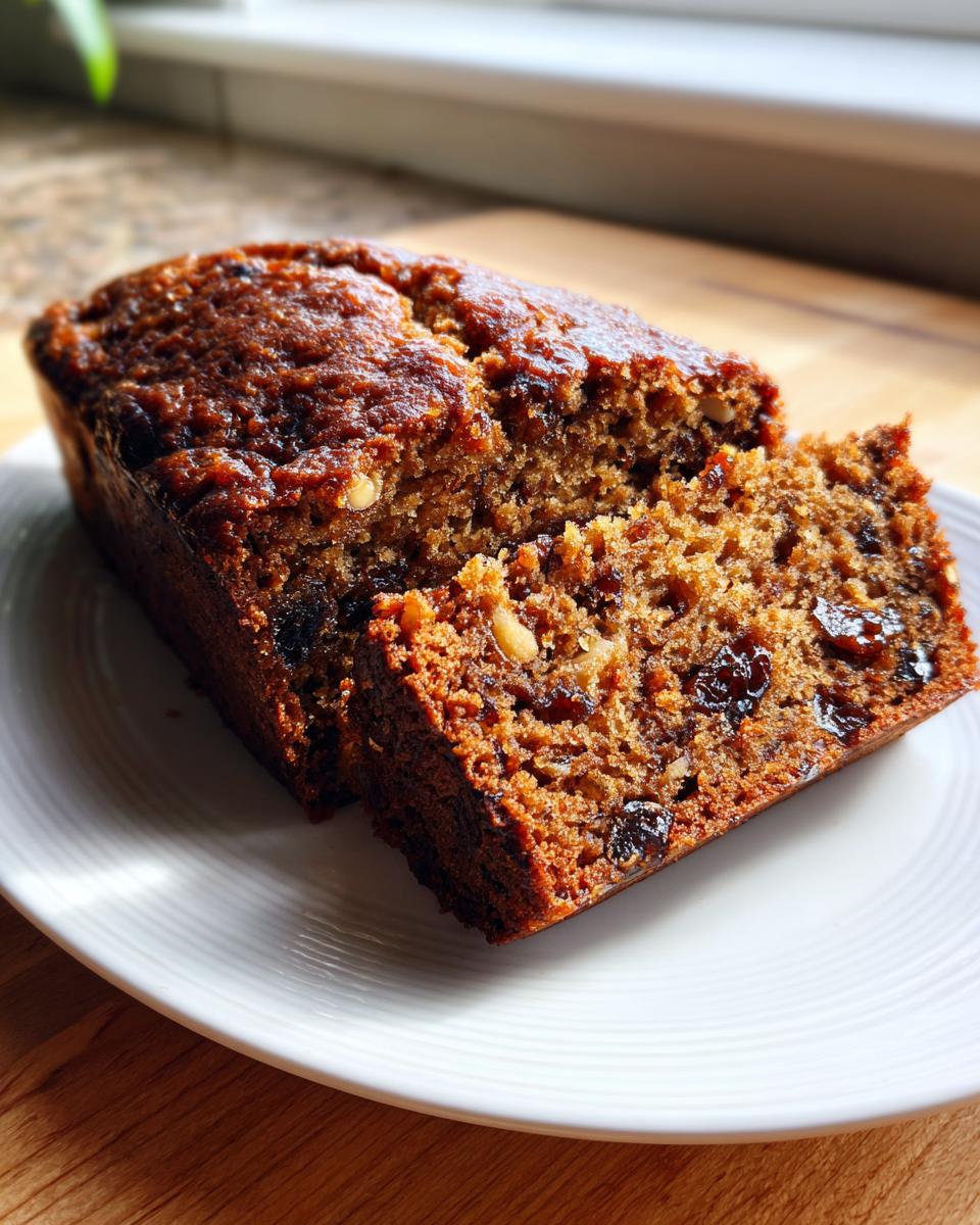 Two moist slices of rich, dark date nut bread filled with raisins and walnuts, served on a white plate.