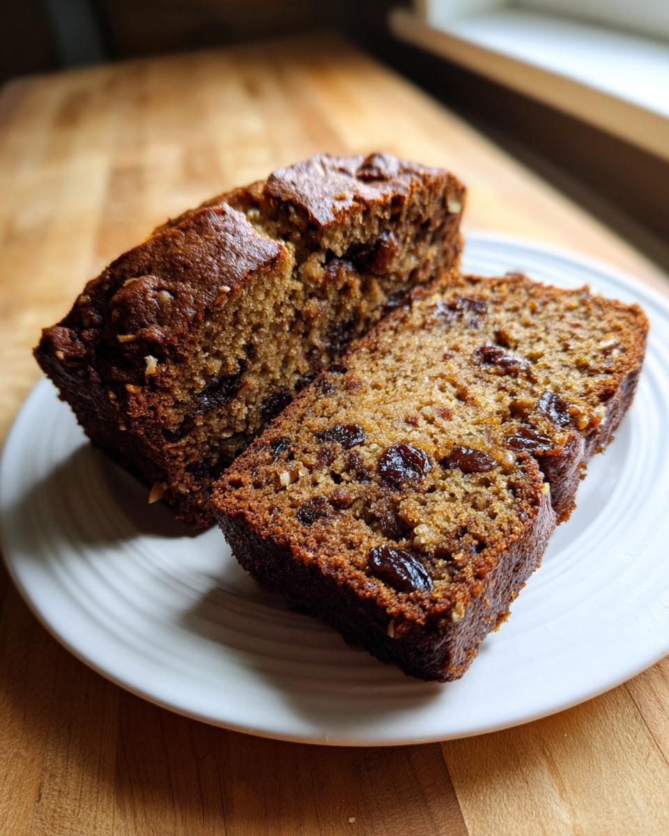 Two thick slices of moist date nut bread, rich with raisins and nuts, served on a white plate.