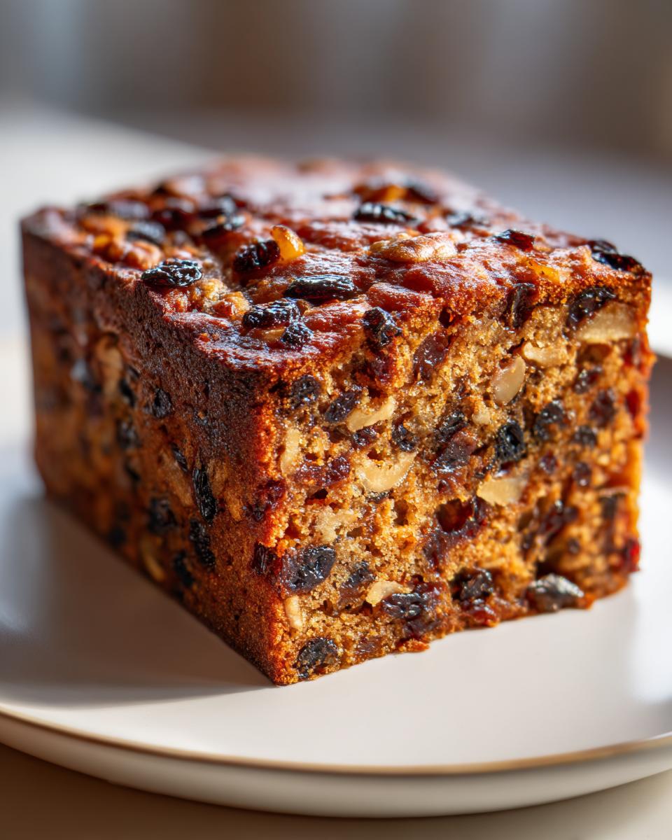 A close-up of a moist, dark fruit cake loaf, studded with visible raisins and nuts, sitting on a light plate.