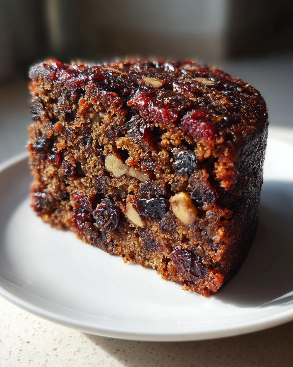 A close-up view of a thick, moist slice of fruit cake packed with dark dried fruits and nuts on a white plate.
