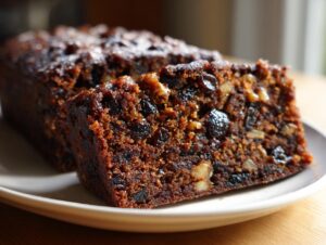 Close-up of a thick, moist slice of dark fruit cake loaded with raisins and walnuts.