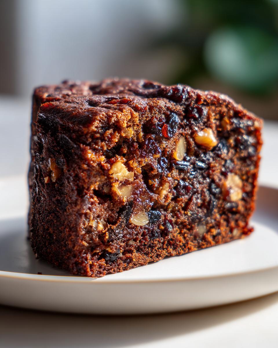 A close-up, moist slice of dark brown fruit cake packed with dried fruits and walnuts sits on a white plate.