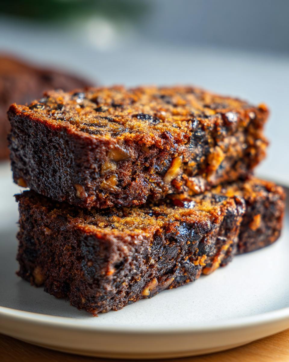 Two thick, moist slices of dark fruit cake stacked on a white plate, showing rich texture.
