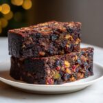 Two thick, dark slices of moist fruit cake stacked on a white plate with festive bokeh lights in the background.