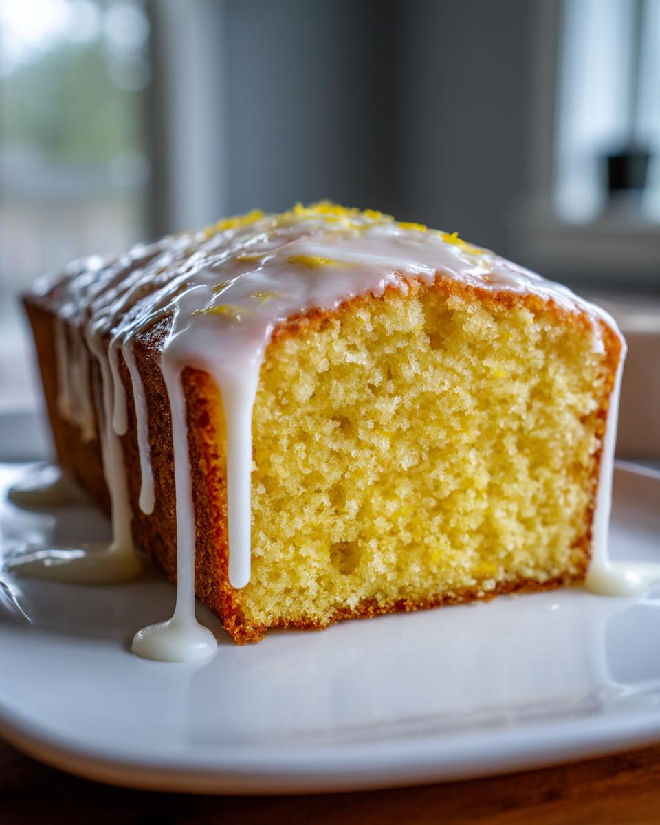 Close-up of a moist, yellow slice of lemon loaf cake topped with white glaze and zest.