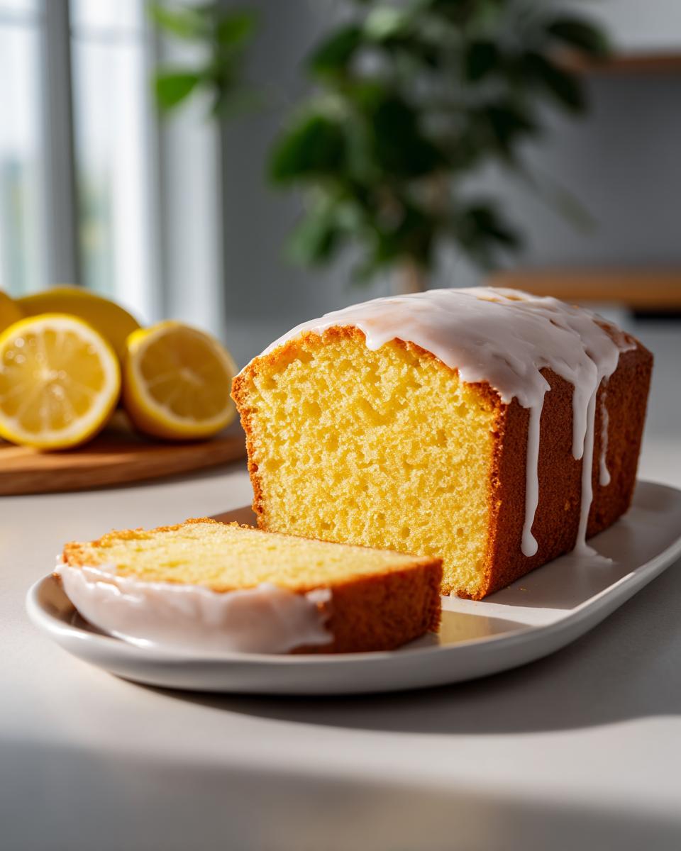 A slice of moist lemon loaf sits next to the main loaf, both topped with thick white icing.