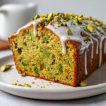 Close-up of a slice of moist pistachio bread topped with white vanilla glaze and chopped pistachios.