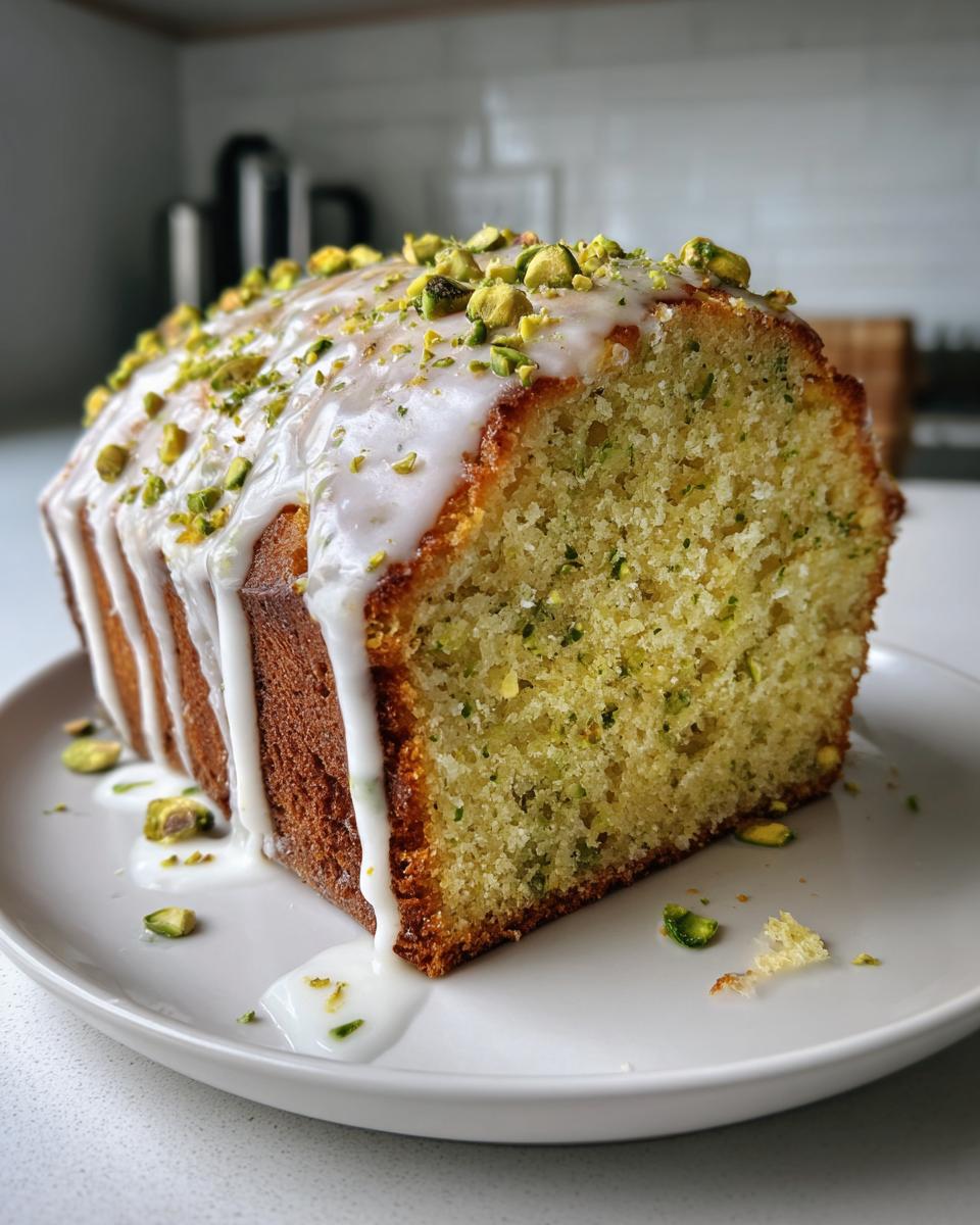 A slice of moist pistachio bread loaf topped with white glaze and chopped pistachios, resting on a white plate.