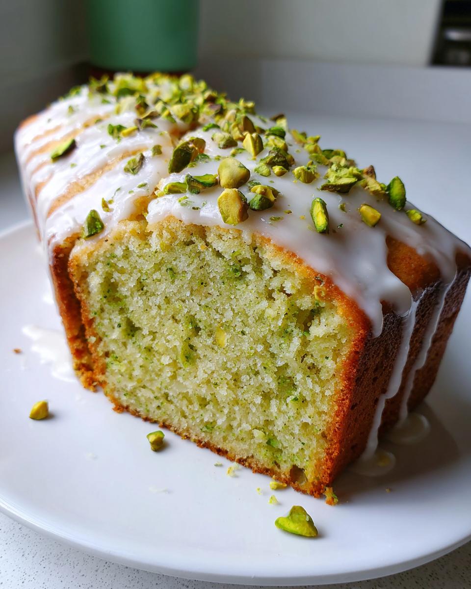 A slice of moist pistachio bread topped with white glaze and chopped pistachios, served on a white plate.