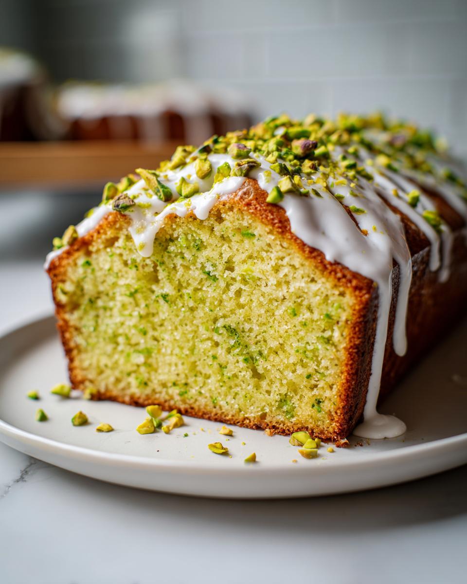 A close-up of a slice of moist pistachio bread topped with white glaze and chopped pistachios.