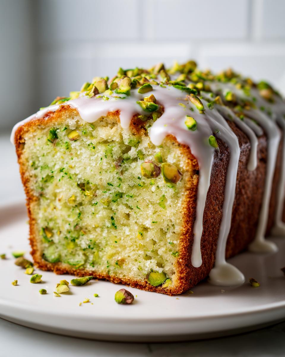 Close-up of a slice of moist pistachio bread drizzled with white glaze and topped with chopped pistachios.