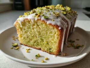 A slice of moist pistachio bread topped with white glaze icing and chopped pistachios, served on a white plate.