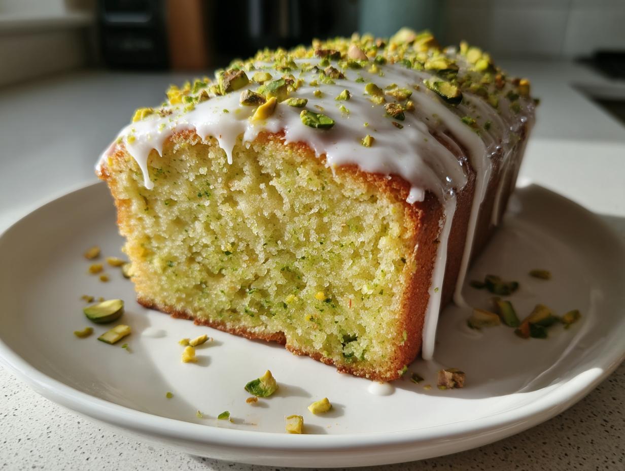 A slice of moist pistachio bread topped with white glaze icing and chopped pistachios, served on a white plate.