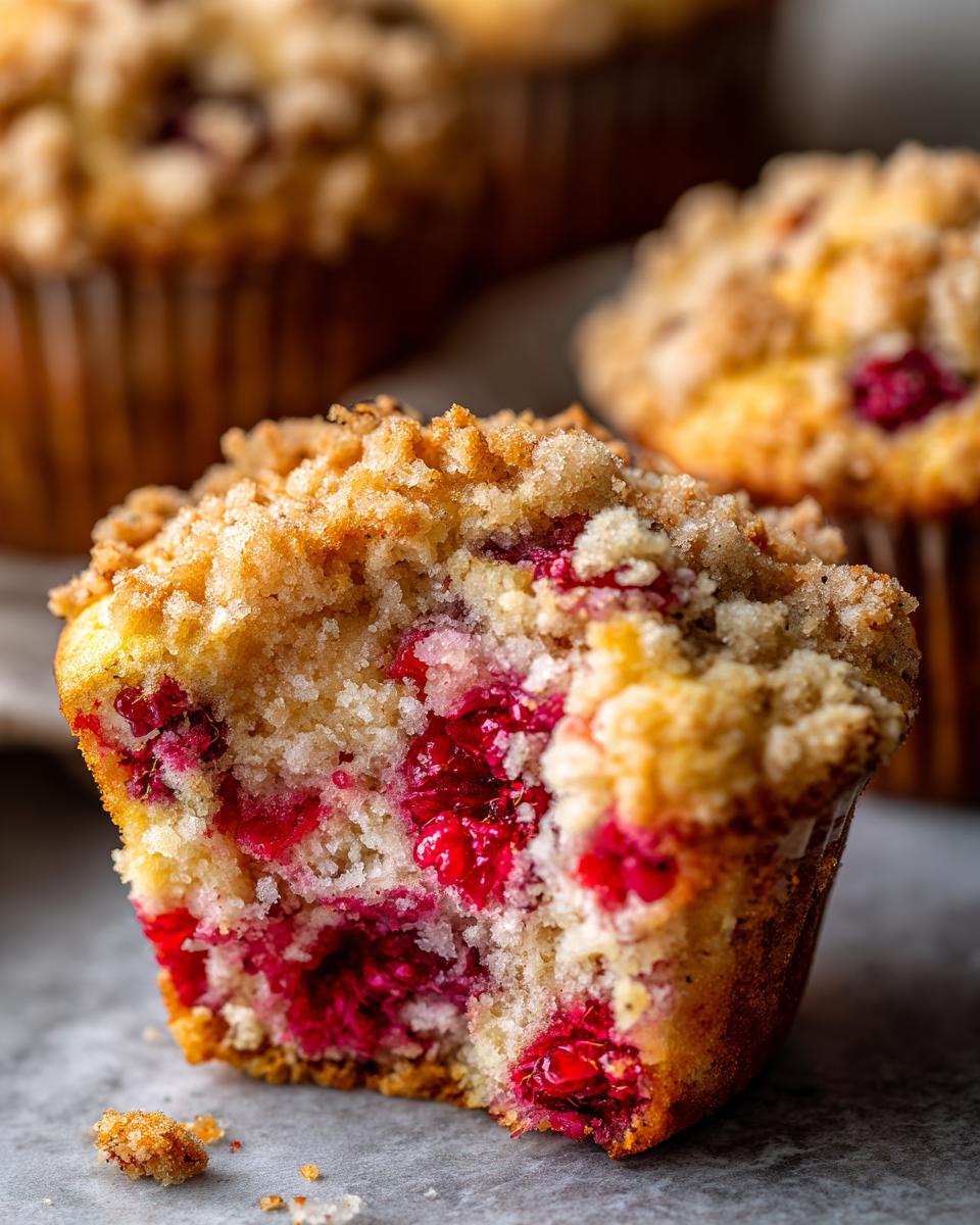 A close-up, cross-section view of a moist raspberry muffin showing bright red berries and a sugary crumb topping.