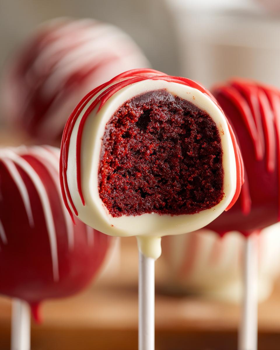 Close-up of a red velvet cake pops cut in half showing the moist interior and white chocolate coating with red drizzle.