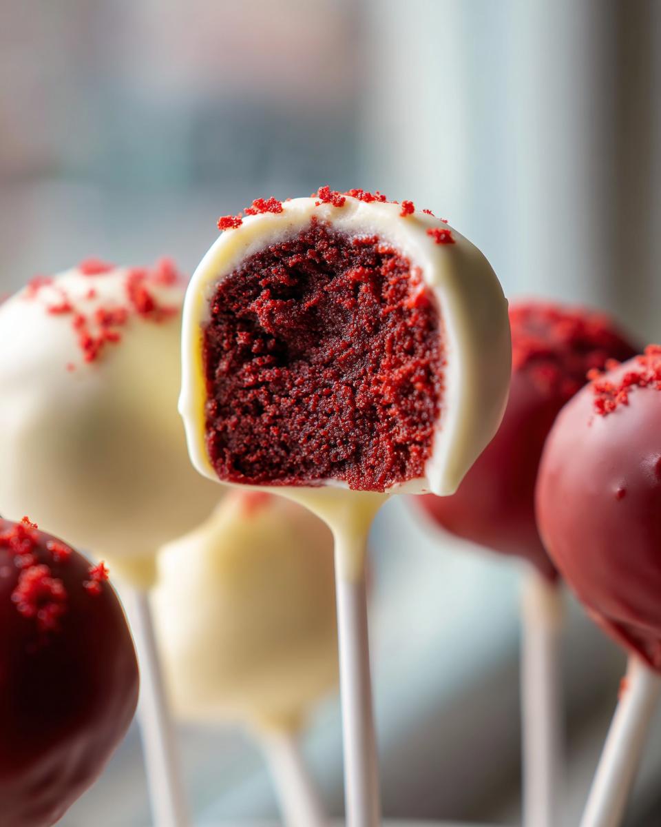 Close-up of a red velvet cake pop cut in half showing the moist interior, coated in white chocolate.