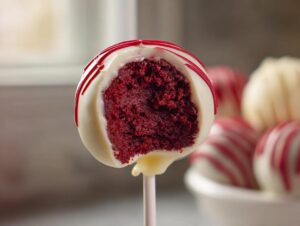Close-up of a red velvet cake pops cut in half showing the moist interior, coated in white chocolate with red drizzle.
