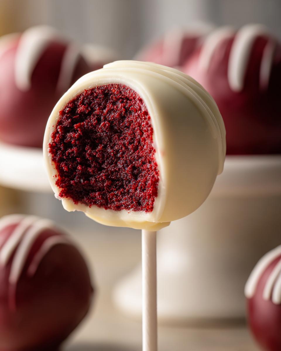 Close-up of a red velvet cake pop cut in half showing the moist, deep red interior and white chocolate coating.