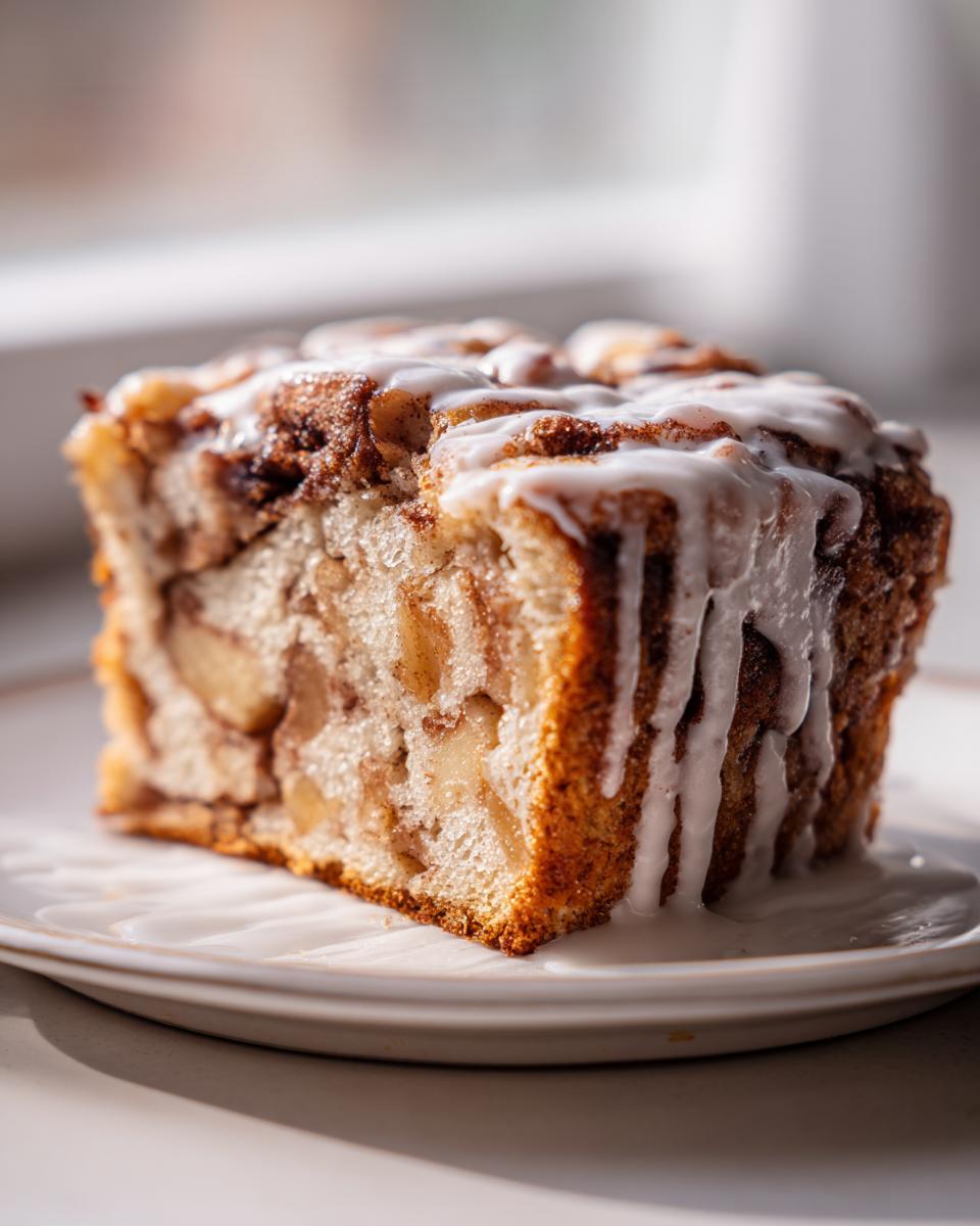 Close-up of a moist slice of apple fritter bread topped with cinnamon swirl and vanilla glaze.
