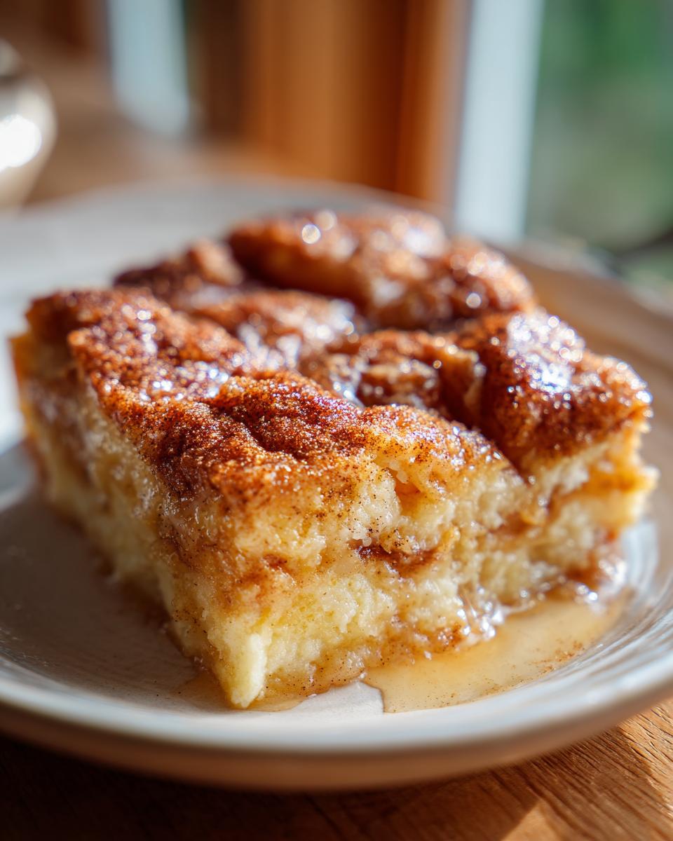 Close-up of a warm, gooey slice of snickerdoodle cobbler topped with cinnamon sugar and drizzled with glaze.