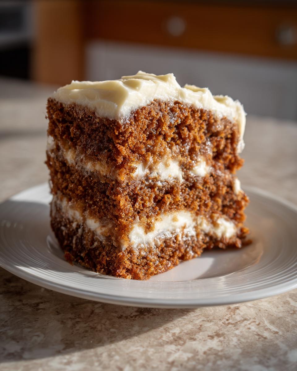 A thick slice of moist spice cake with three layers and rich cream cheese frosting.