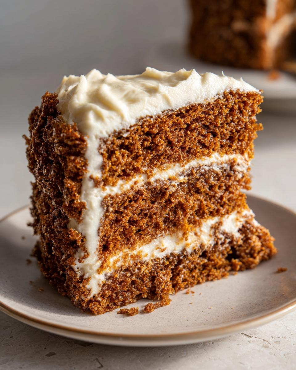 Close-up of a thick, moist slice of brown spice cake layered with white cream cheese frosting.