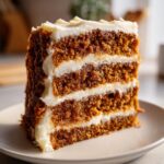 Close-up of a thick, moist slice of spice cake with three layers and generous cream cheese frosting.