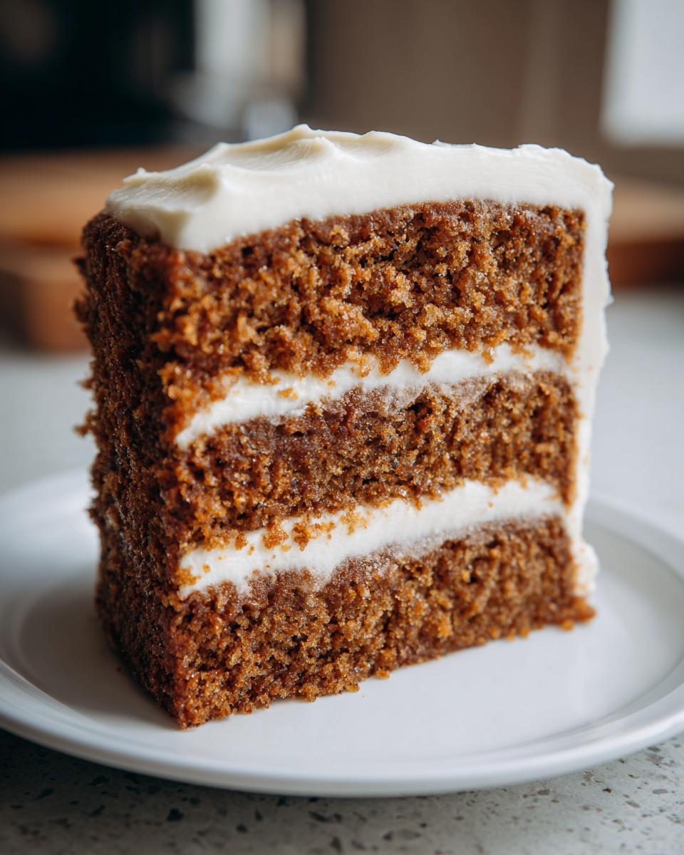 Close-up of a thick slice of moist, three-layer spice cake with white cream cheese frosting between layers.