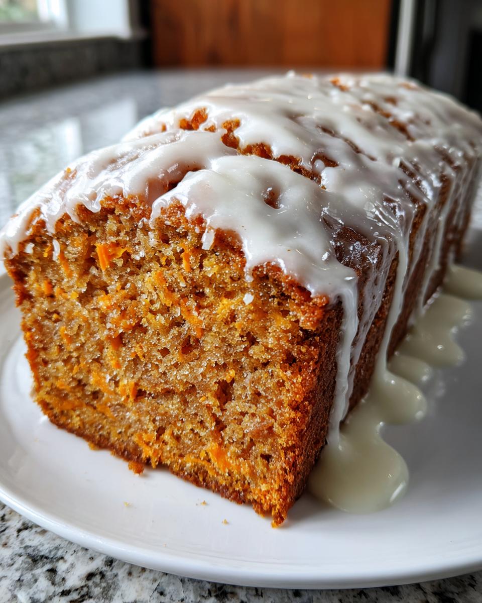 Close-up of a slice of moist sweet potato pound cake topped with a thick white glaze dripping down the sides.