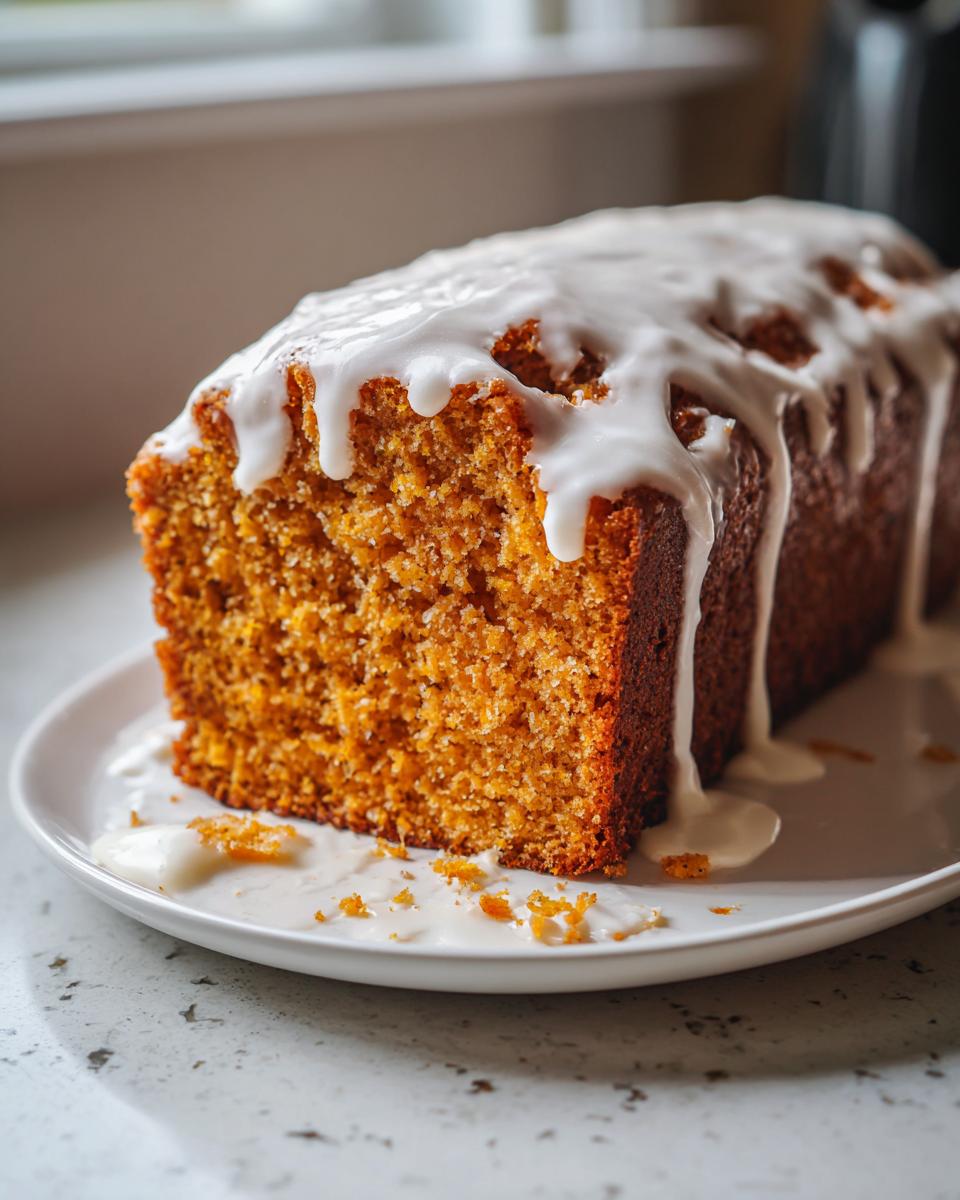 A close-up of a slice of moist sweet potato pound cake topped with thick white vanilla glaze dripping down the sides.