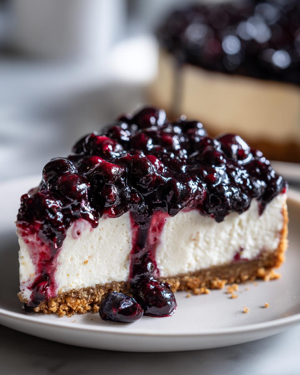 Close-up of a creamy slice of no-bake blueberry cheesecake topped generously with dark blueberry compote.