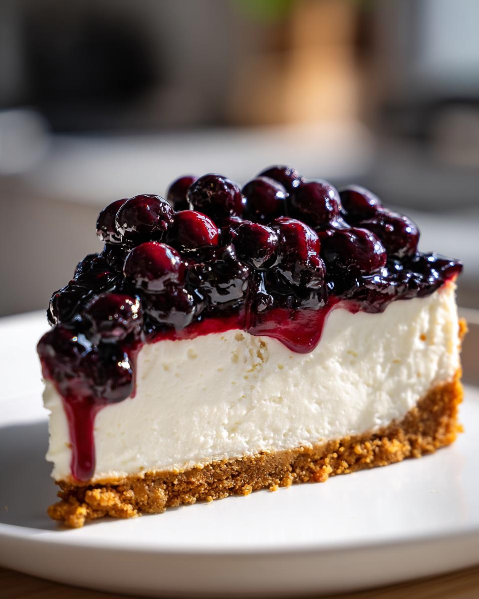 Close-up of a perfect slice of no-bake blueberry cheesecake with a thick graham cracker crust and rich blueberry topping.