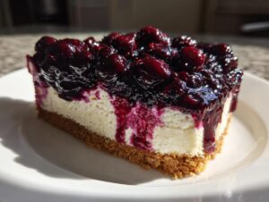 A close-up of a thick slice of no-bake blueberry cheesecake featuring a graham cracker crust and rich blueberry topping.