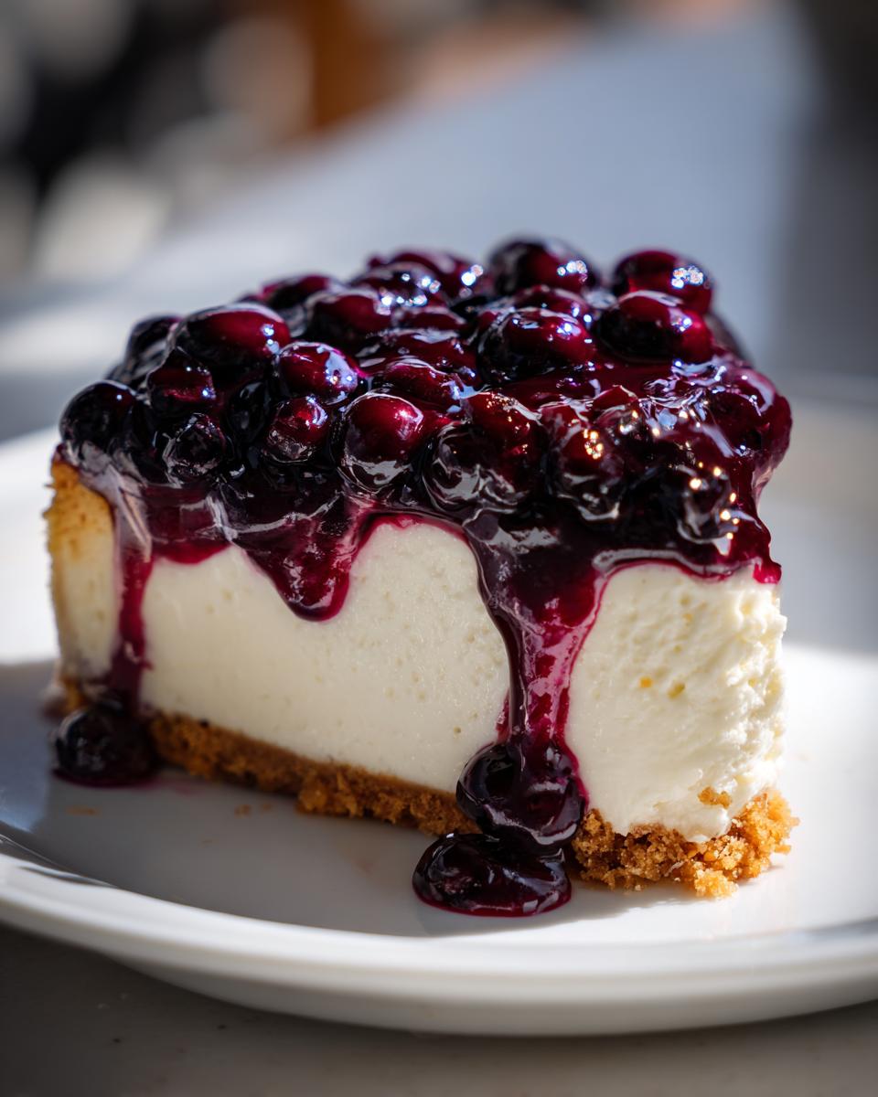 A decadent slice of no-bake blueberry cheesecake featuring a thick graham cracker crust and rich blueberry topping dripping down the sides.